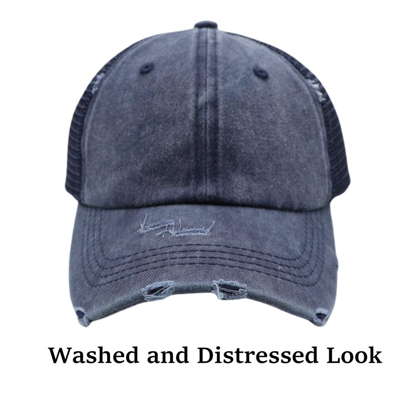 ProMindFun Womens Ponytail High Messy Bun Hats Distressed Baseball Caps Unconstructed Washed Dad Hat Girls Trucker Ponycaps (06-Navy Blue) - Image 2